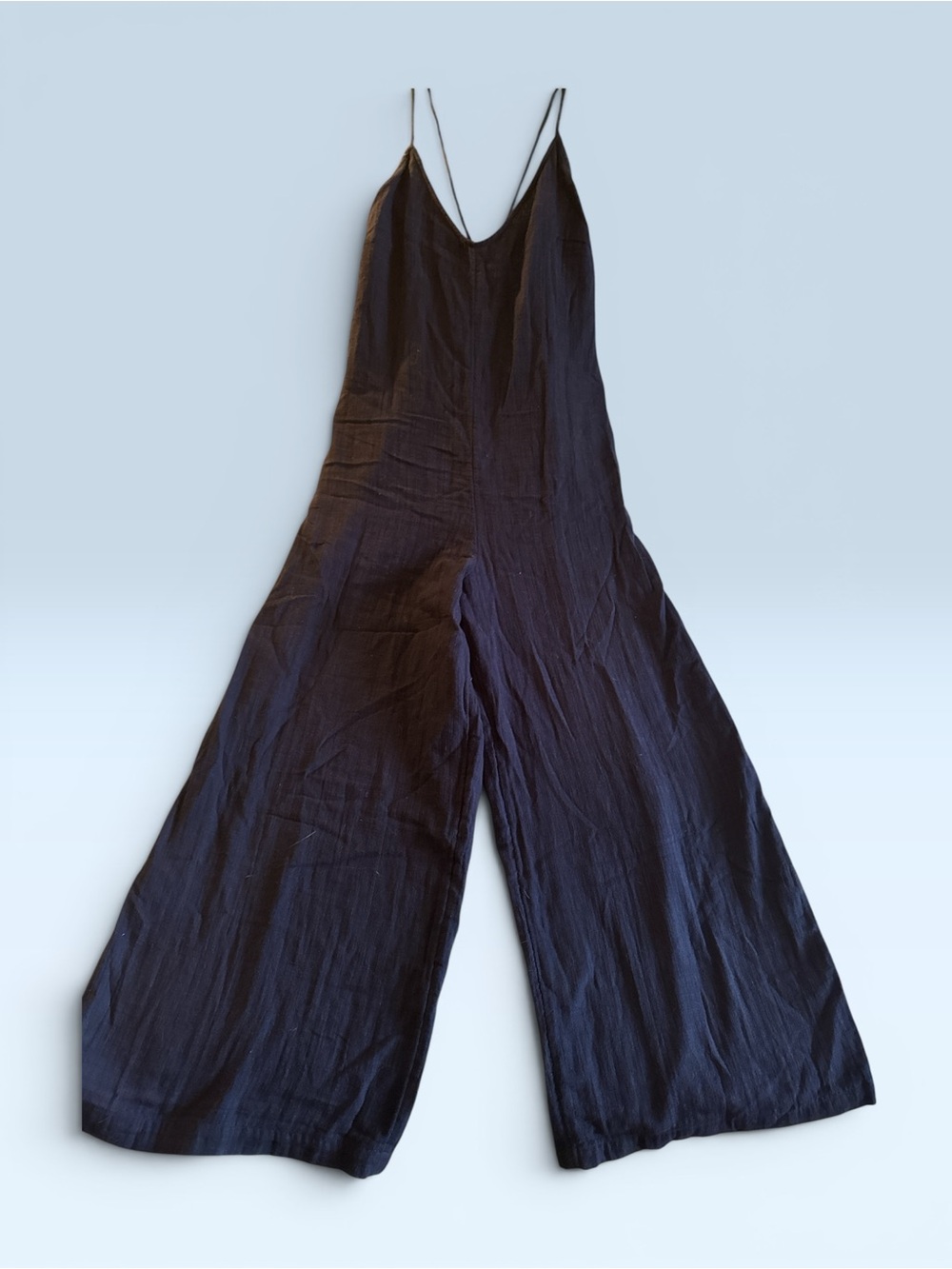Women's Navy Wide-Leg Linen Jumpsuit - Sleek Spaghetti Strap - Picture 2 of 4